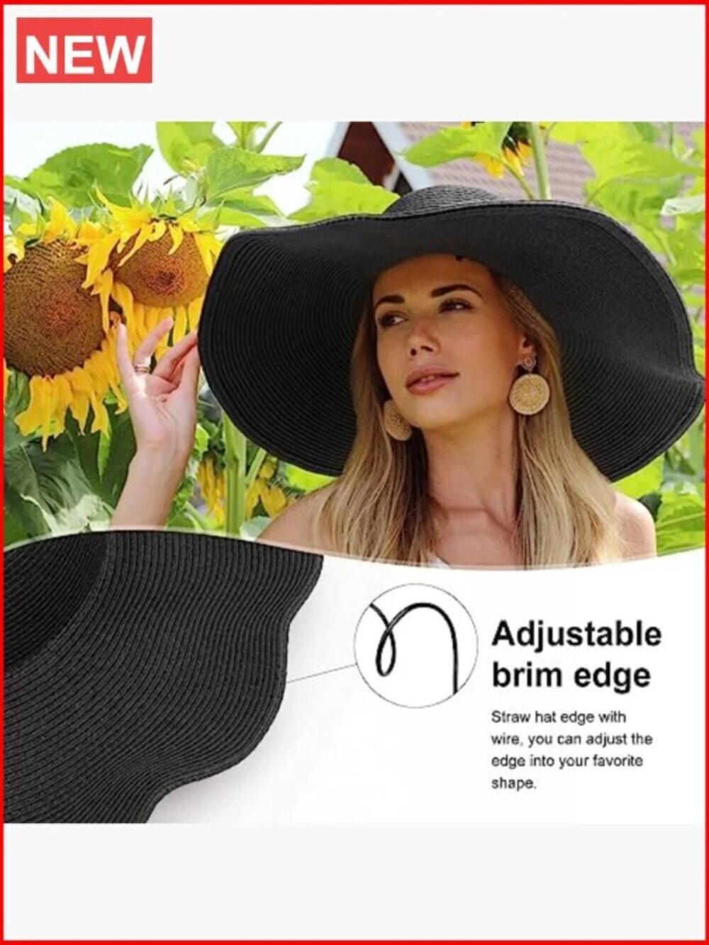 Straw Wide Brim Floppy Wired Shapeable Foldable Roll up Beach Sun Hat Black - Picture 3 of 11